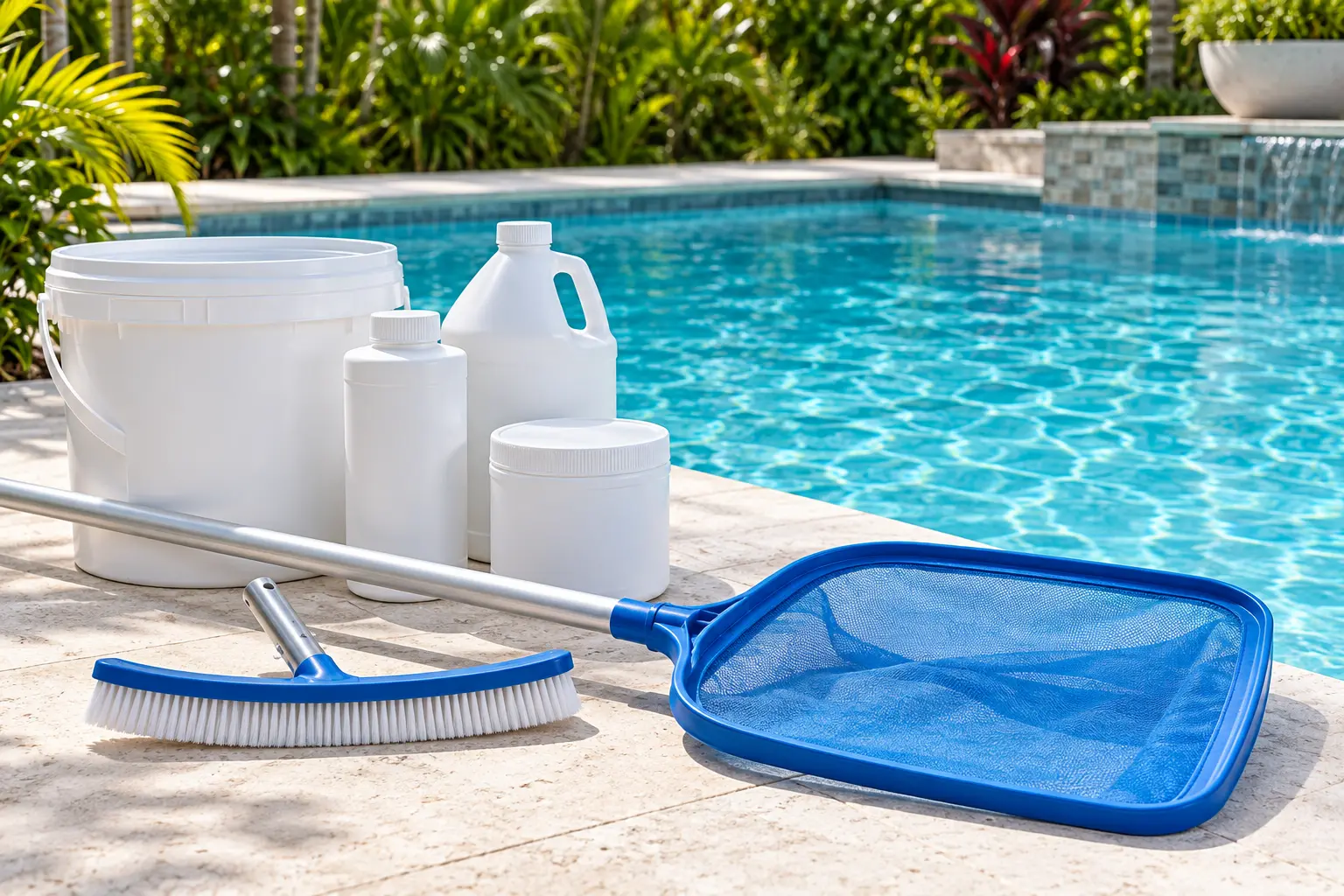 Peneira, escova e embalagens de produtos para piscina