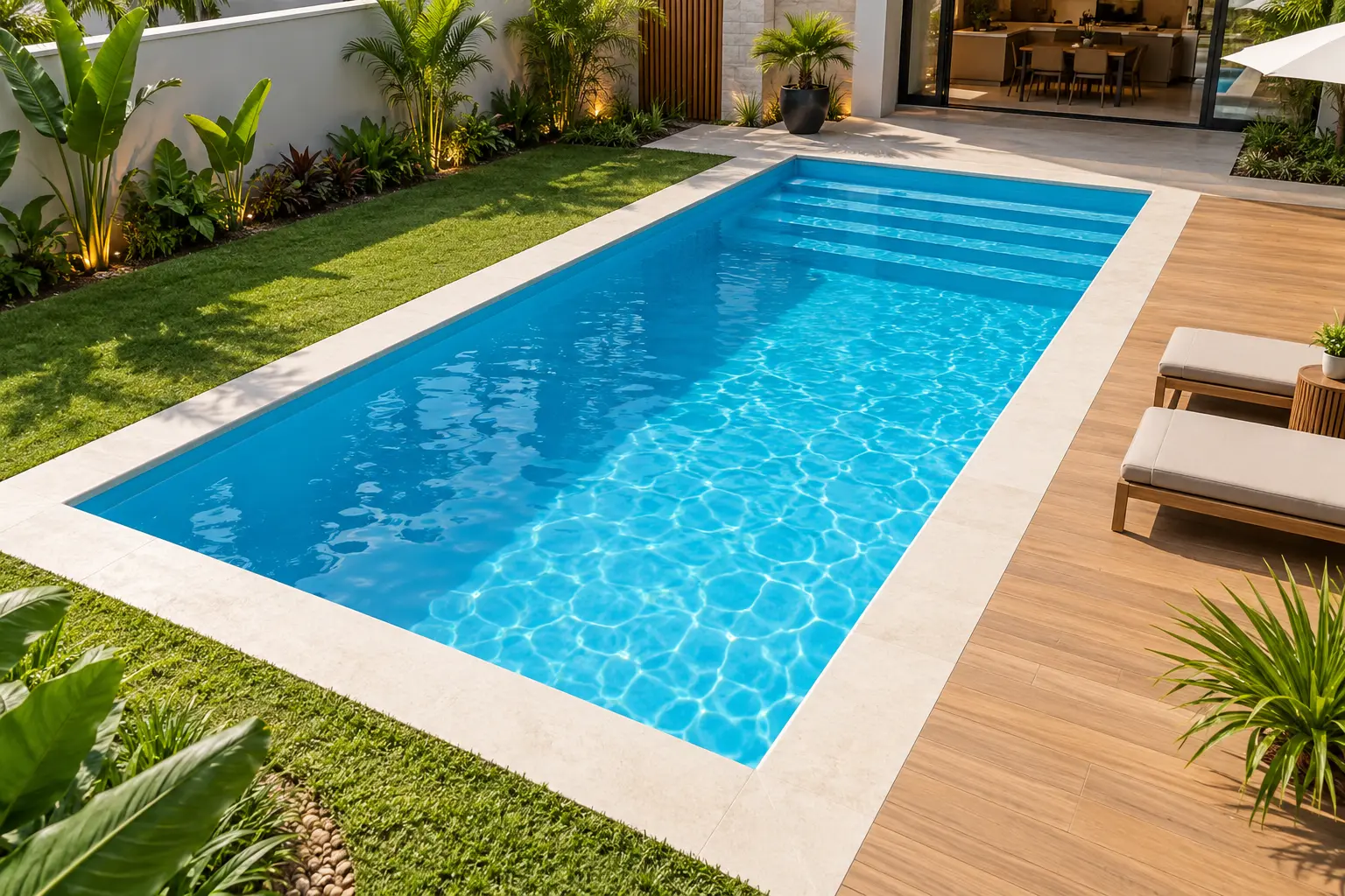 Piscina retangular azul com degraus